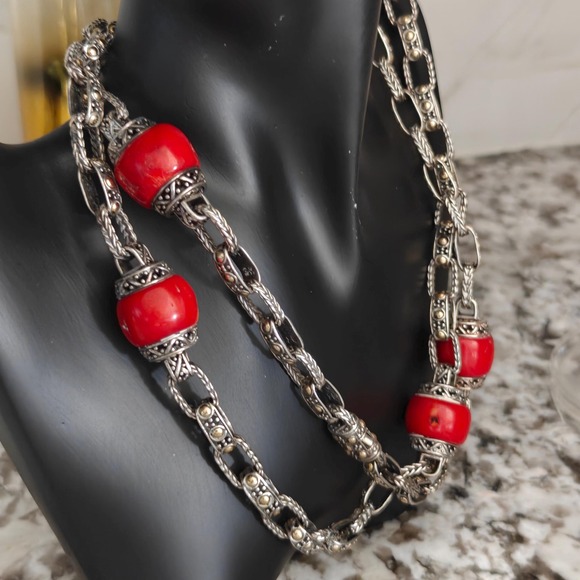 Vintage $2700 John Hardy RARE SS 18K Gold red natural corals necklace. - Picture 6 of 10